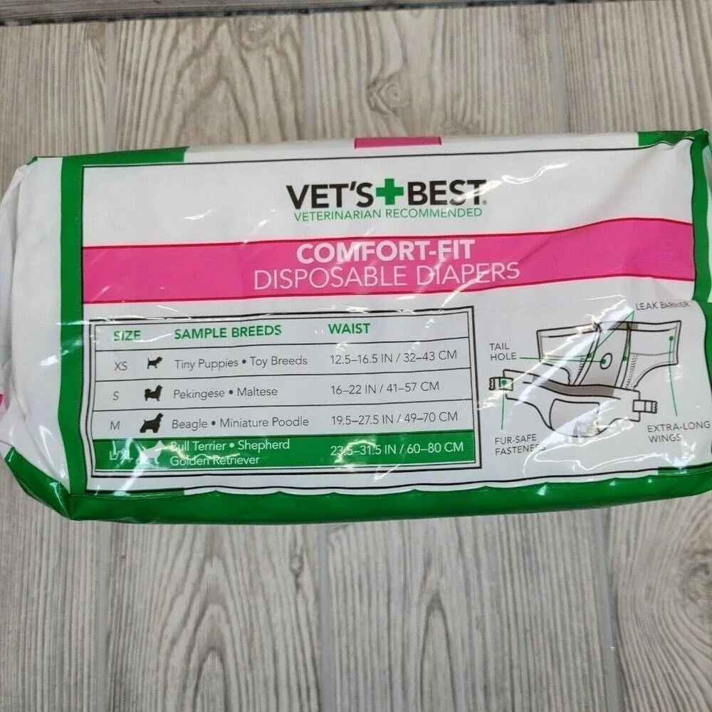 Vets Best Comfort Fit Disposable Dog‎ Diapers Large XL 12 Count White Green